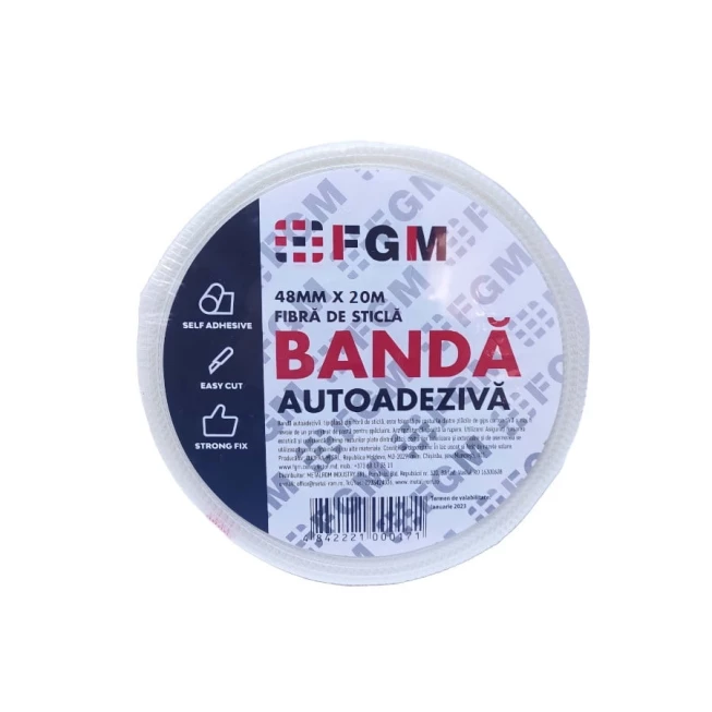 Banda autoadeziva FGM, pentru finisarea rosturilor dintre placile de gips carton din plasa de fibra de sticla, 20 m /rola